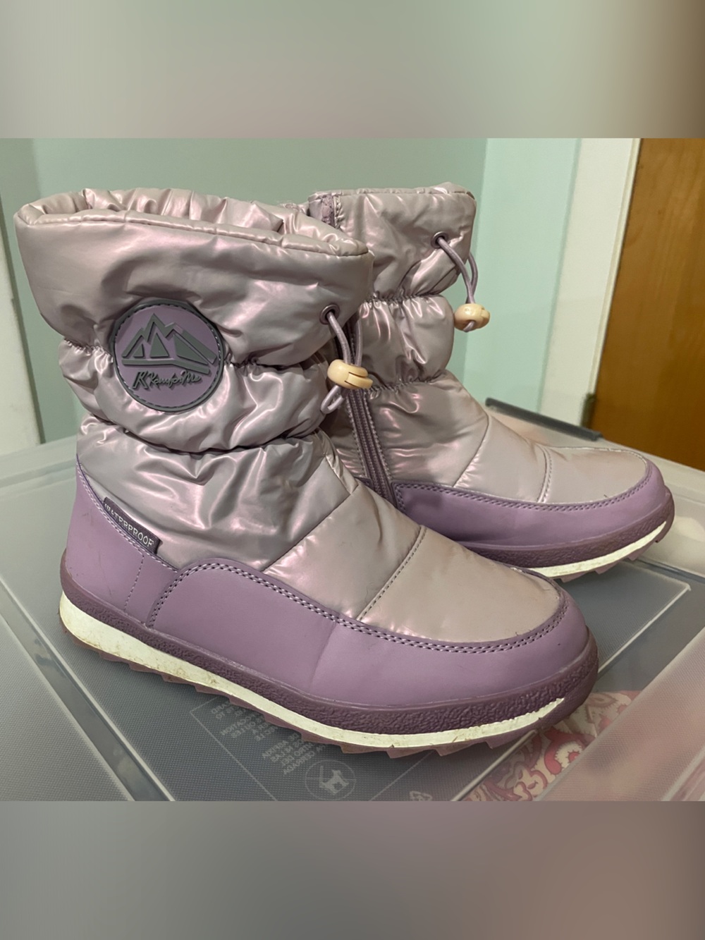 Kids Waterproof Purple Snow Boots with Drawstring Closure